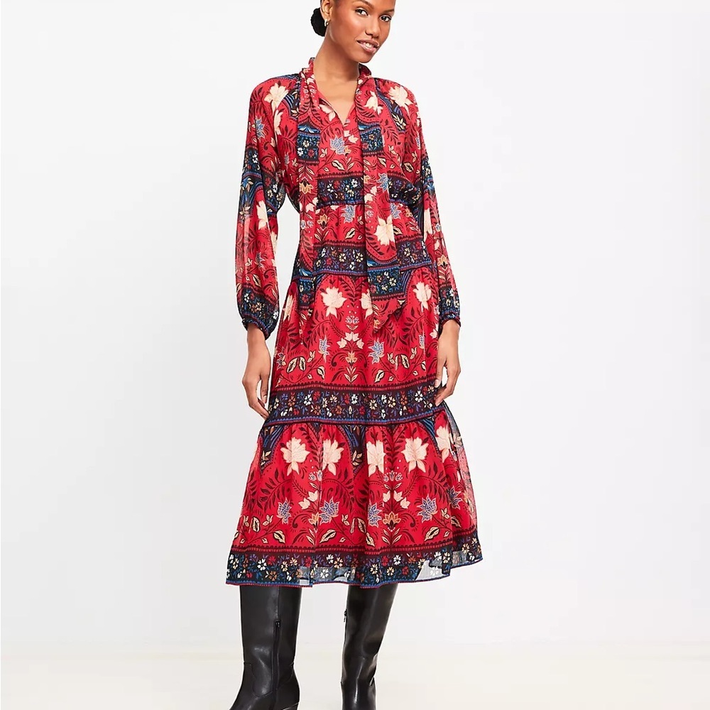 LOFT Red Floral Long Sleeve Dress